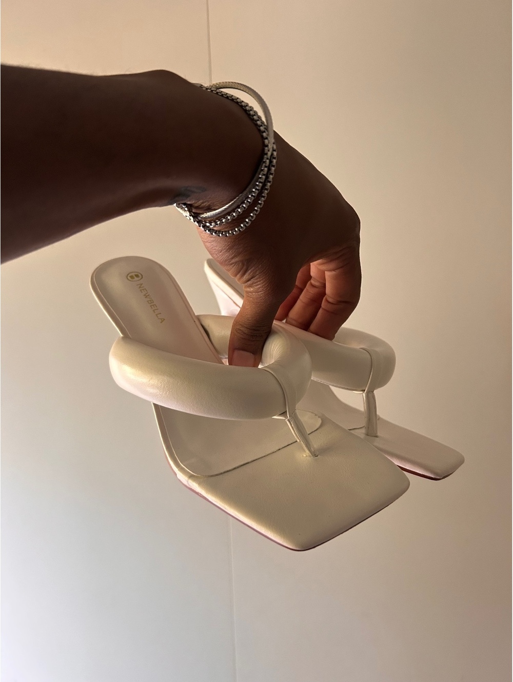 Newbella White Square Toe Padded Strap Heeled Sandals